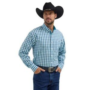 Wrangler Men's George Strait Long Sleeve Relaxed Fit Plaid Button Shirt White/Te